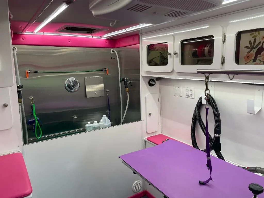 Interior view of the Green Dog Mobile pet spa Dodge Ram 2500 van from the sliding side entry door showing the mobile wash station and the grooming table